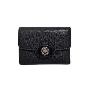Tory Burch Robinson Pebbled Leather Wallet Trifold Black Gold Logo Medallion ~